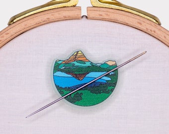 Hidden Lake and Bearhat Mount Acrylic Needle Minder | Mountains Needle Minder Accessory | Magnetic Minder | Cross Stitch Needle Minder