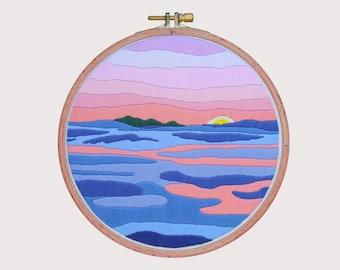 Motivo per ricamo a punto raso con scena di tramonto sull'oceano, motivo digitale per principianti