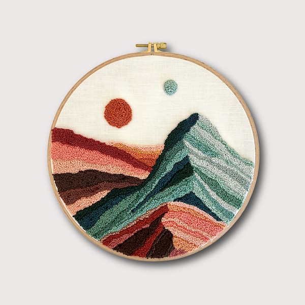 Mountain And Moons Landscape Art Punch Needle Pattern PDF Guide | Embroidery Pattern | Beginner Punch Needle Pattern | Punch Needle Design