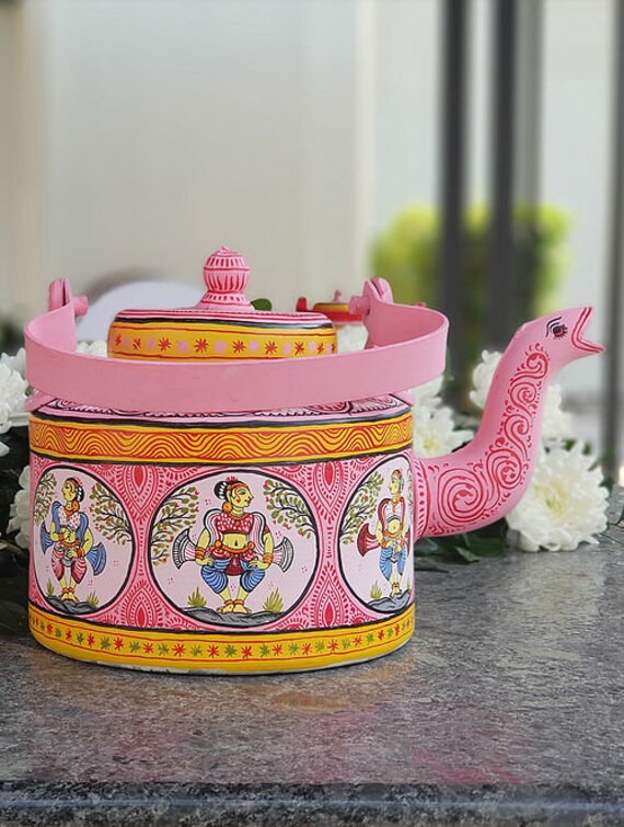 Hand Painted Tea Kettle : Pink City, Festive Gift, Gift for Her