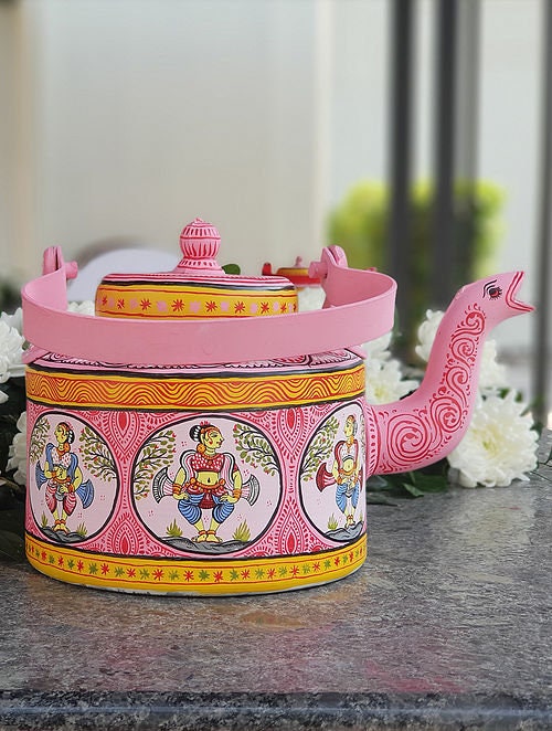 Hand Painted Tea Kettle Pink City, Festive Gift, Gift for Her