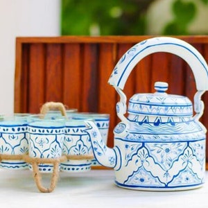 Indian Tea pot, Tea set, Tea kettle, Aluminium pot, Indian hand art, Multicolor kettle(8 piece product kettle ,6 glass, stand)