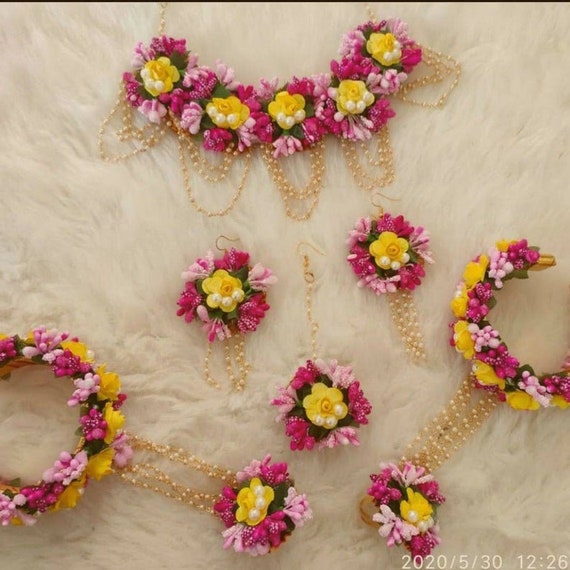 Yellow Pink Gotta Patti Floral Jewellery Set for Haldi Mehandi