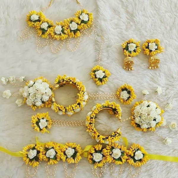 Charming Yellow & White Floral Jewellery set for Haldi Mehandi Babyshower Bridal set