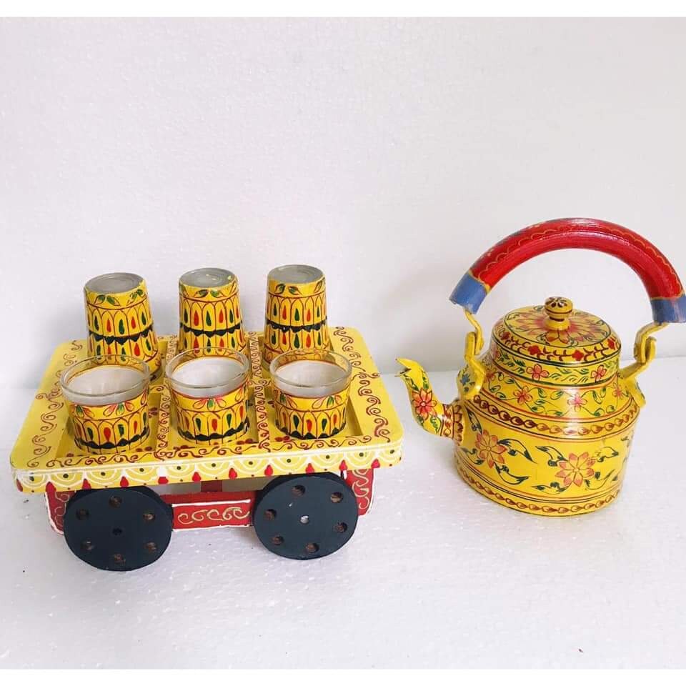 Ragamala - Hand Painted Chai Kettle Teapot in Green, Gold, & Red