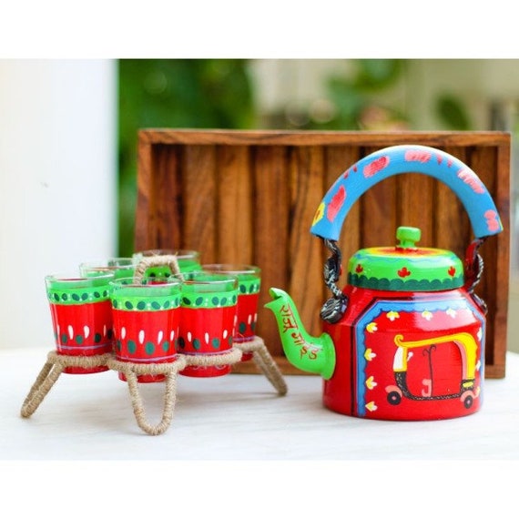Hand Painted Tea Set for Serving Tea Indian Tea Pot, Tea Set, Tea Kettle,  Aluminium Pot, Indian Hand Art ,enchanting, Gift for Girl Friend, 