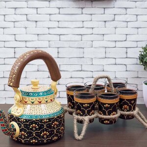 Indian Tea pot, Tea set, Tea kettle, Aluminium pot, Indian hand art, Multicolor kettle (8 piece product kettle ,6 glass, stand)