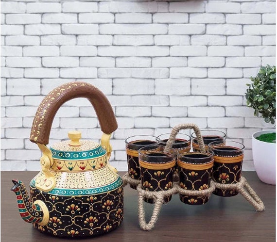 Indian Tea Pot, Tea Set, Tea Kettle, Aluminium Pot, Indian Hand Art,  Multicolor Kettle 8 Piece Product Kettle ,6 Glass, Stand 