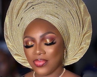 Elegante Champagne Gold Aso-Oke Autogele, bufanda africana preatada lista para usar, envoltura ceremonial Auto Gele, tocado africano único