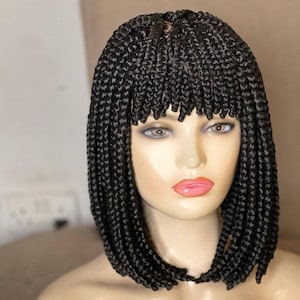 12-Inch Braided Wig with Bangs for Black Women On 4*4 Closure & Frontal, Glueless Handmade Box Braids Wig, African American Synthetic Hair