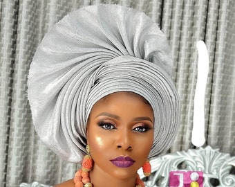 Elegante Autogele blanco/plateado, bufanda preatada africana lista para usar, envoltura para la cabeza cubierta de la cabeza Aso Oke Headtie Turban listo para usar