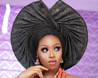 Autogele negro elegante, bufanda preatada africana lista para usar, cubierta de cabeza ceremonial, envoltura para la cabeza Aso Oke Headtie Turban listo para usar