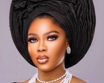 Stylish Black Autogele and ipele, Autogele for women, Nigerian women headwrap, Pretied scarfs, African women headscarf, yoruba asooke