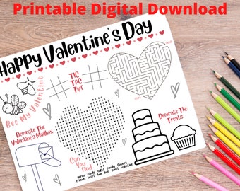Printable valentine activity sheet, valentine placemats, kids activity digital download, valentines activity for kids, Valentines worksheets
