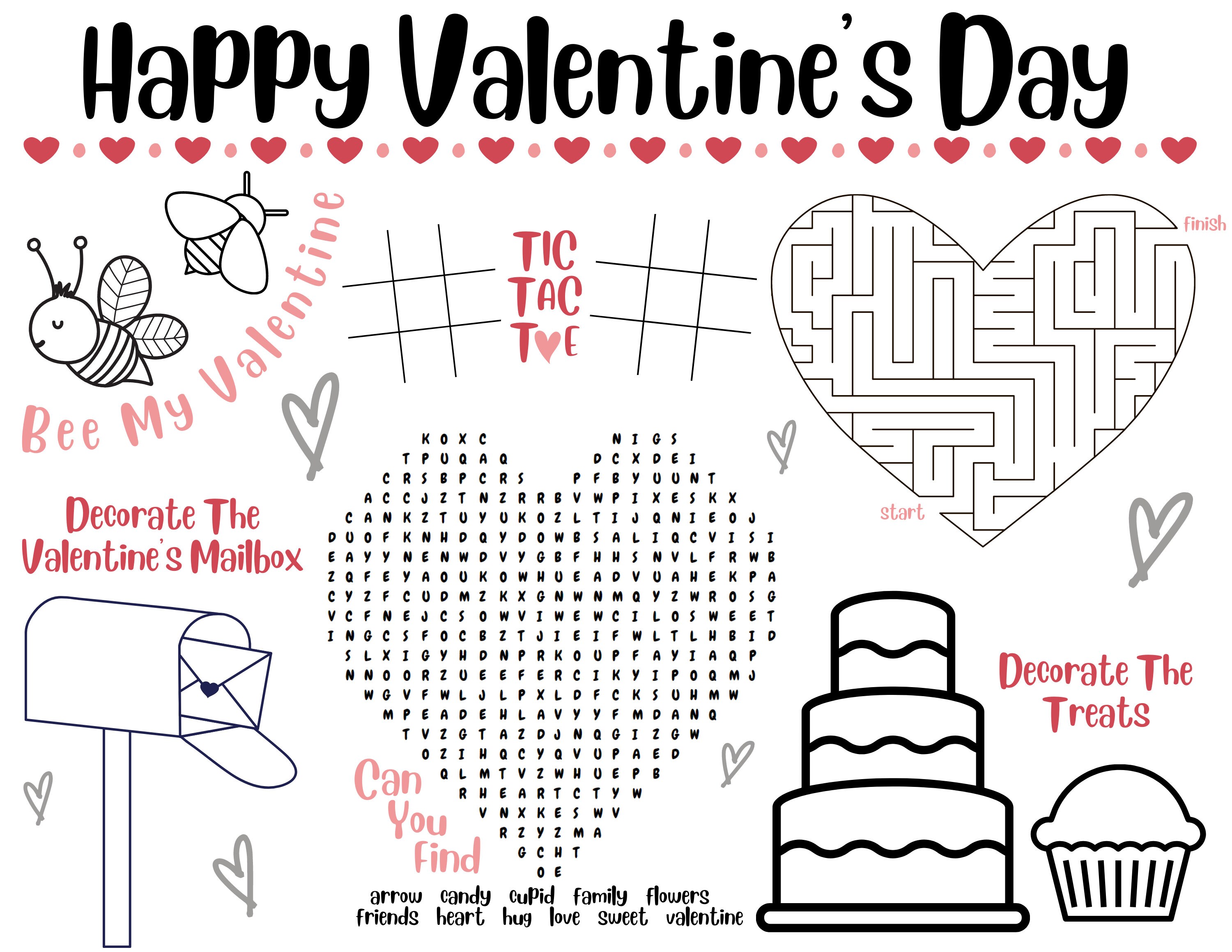 Printable Valentine Activity Sheet, Valentine Placemats, Kids Activity ...