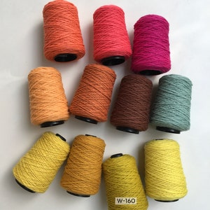 May include: Ten spools of yarn in various shades of orange, brown, yellow, and green. The spools are arranged in a circle on a white surface. The text "W-160" is visible on one of the spools.