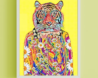 Tiger Daisy abstract Fashion Tiger yellow background of a tiger art fashion print wearing a colorful abstract, flower green glasses fashion