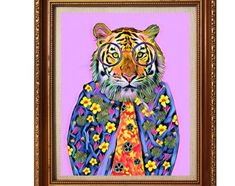 虎の絵画 花柄 ファッション 虎 デジタル - アートプリント、ヒョウ柄 ウォールアート ポスター、紫色のメガネ、緑の虎のメガネ - 虎アート