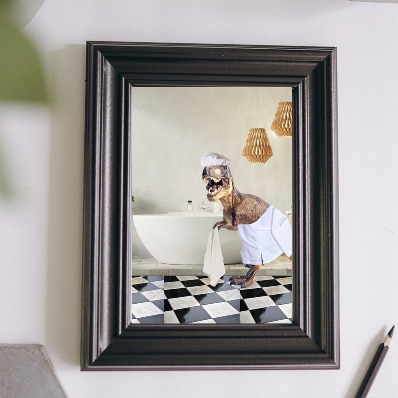 Tyrannosaurus Rex Trex, Animals in Bathtubs, Bathroom Wall Art the