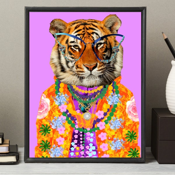 Bengal Tiger Fashion 2 Art Print - Bengal Tiger bubtterfly gallses  - Fashion Print - Canvas Art - Tiger Portrait - Fashion Art