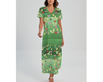Green Butterfly Blossom V-neck Dress