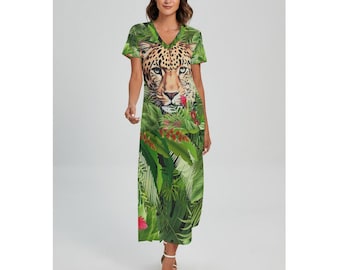 Tropical Tiger Green V-neck Dress