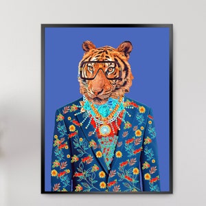 Impresión artística de tigre con clase - Impresión de moda - Arte en lienzo - Retrato de león - Arte de moda - Arte contemporáneo - Arte animal - Arte nuevo - Impresiones artísticas