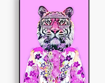 Purple Tiger Fashion Flouris Print- Digital Printable - Fashion Print - Fashion Art - Animal Art - Tiger Print - Art ,Digital Download