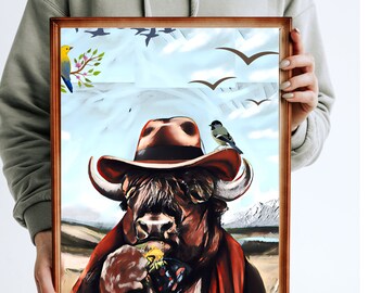 Bison Drinking Tea and eating chips on a beautiful day, Watercolor digital print, Birds artwork, Coffee. Plant. Download art. Animal print