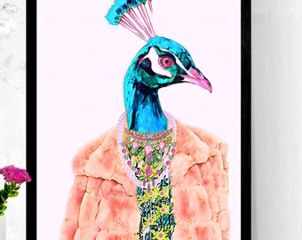 Peacock Fashion Art Print - Colorful Wall Art dflloral print  Decor - Peacock Portrait Gift - Peacock With Coat