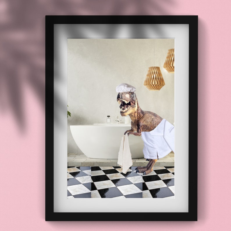 Tyrannosaurus Rex Trex, Animals in Bathtubs, Bathroom Wall Art the