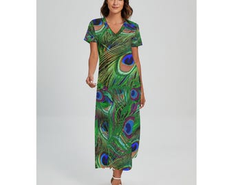 Peacock Feather Green V-neck Dress