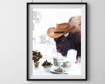 Bison Print, Bison Tea Party, Bison With Cowoy Hat, Winter Bison, Print Black and White Boho Wall Art Modern Decor, Boho Art Bison