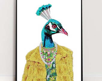 孔雀の壁アート、花のアート、真珠付き、動物の壁アート、印刷可能、トレンディなアート、ファッション孔雀アート
