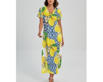 Sicily Inspired Side Slit Lemon V-Neck Dress