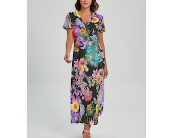 Vintage Colorful Floral V-neck Dress