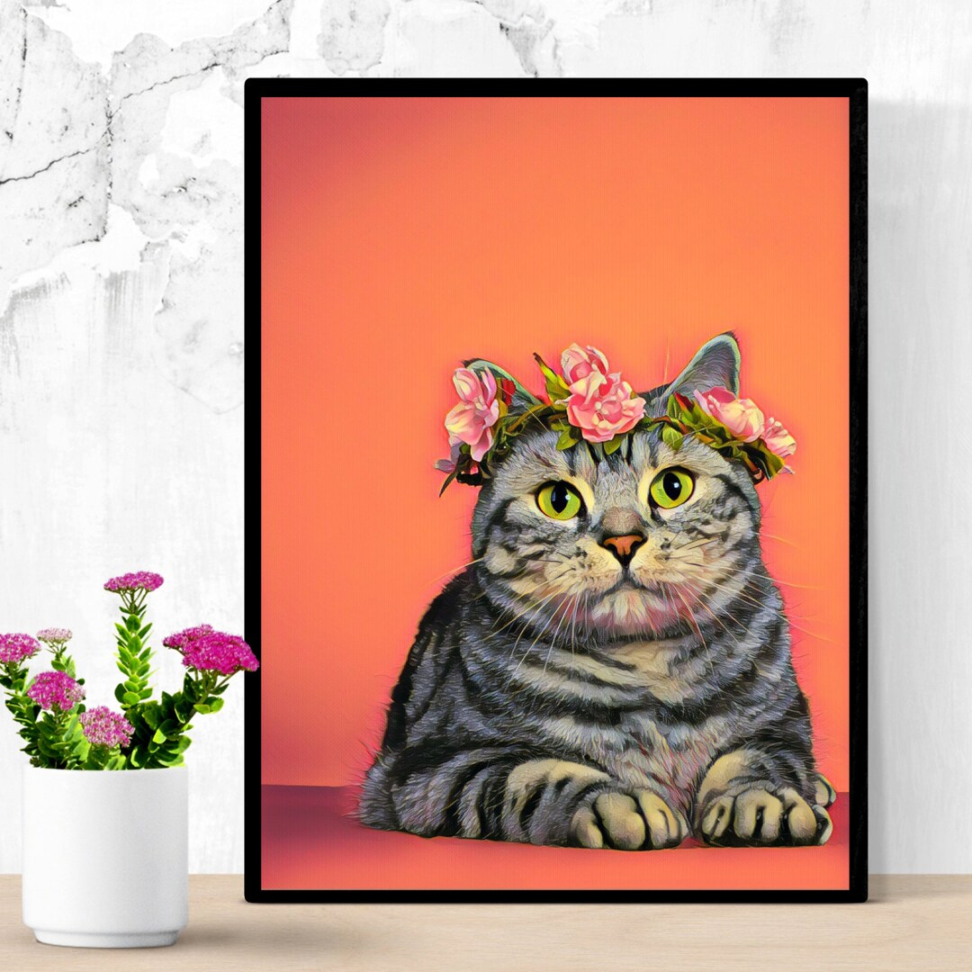 Tabby Cat Flower Art Print Tabby Flower Crown Cat Handsome Etsy