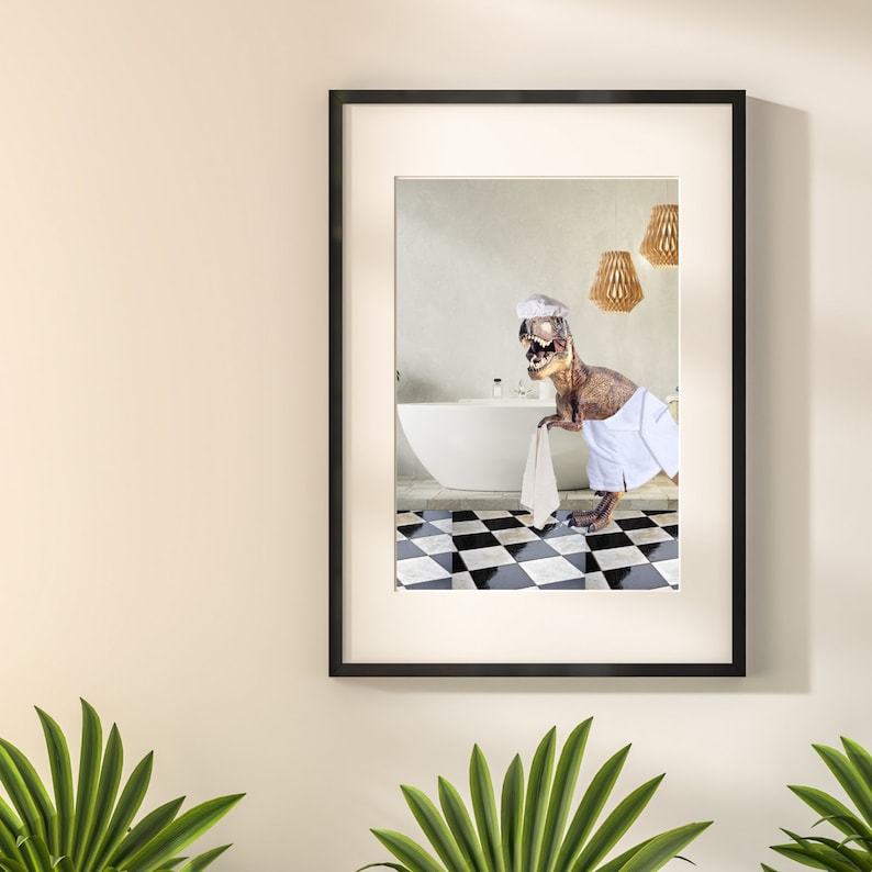 Tyrannosaurus Rex Trex, Animals in Bathtubs, Bathroom Wall Art the