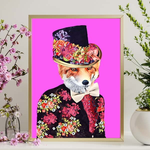 Fashion Fox Floral Digital - Art Print, Fox Wall Art Poster, Fox with Flowers Hat, Top Hat Fox- Fox Art