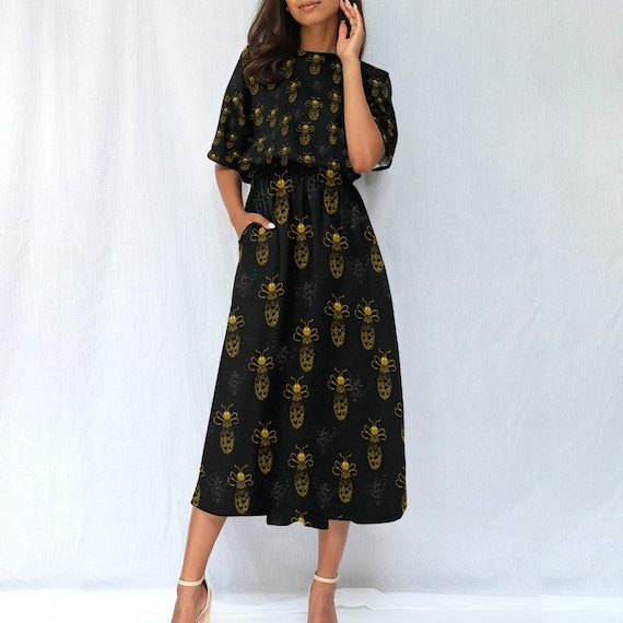 black dress with gold bees Black Bee Print 3/4 Sleeve Rounded Neck Dress by Eva Rose Modern Millie