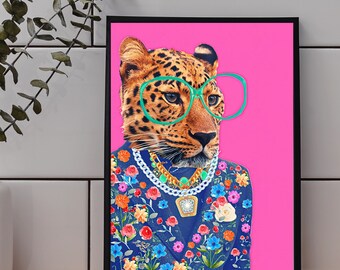 Fashion Leopard Digital - Art Print, Leopard Wall Art Poster, Leopard with glasses, Green Leopard Glasses - Leopard Art