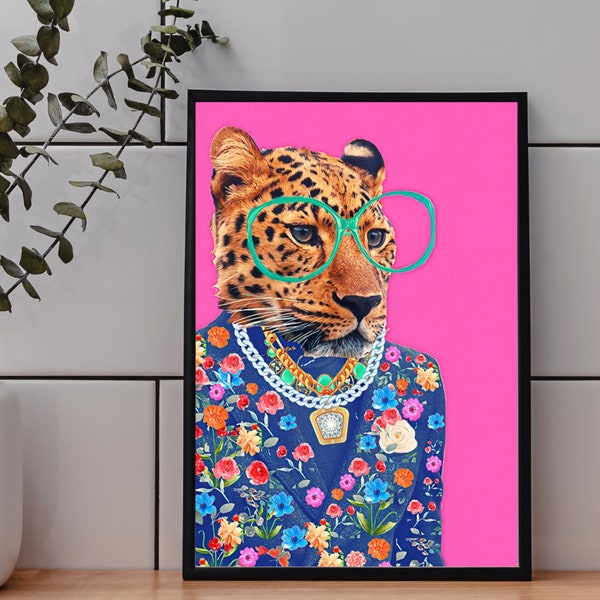 Fashion Leopard Digital - Art Print, Leopard Wall Art Poster, Leopard with glasses, Green Leopard Glasses - Leopard Art