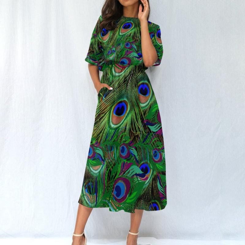 Peacock Feather Green Elastic Waist Dress