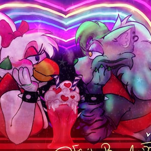 May include: A digital illustration of two cartoon characters, a white bird with a pink bow and a green wolf, sitting at a diner counter with a milkshake in between them. The background is a rainbow heart with stars and a neon sign that says "@Fruity-Bear_Art_22!"