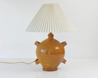19th Century French ochre glazed antique &#39;cruche conscience&#39; table lamp.