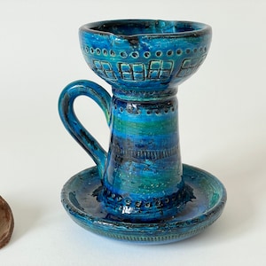 Rare Mid Century Italian Bitossi Aldo Londi Rimini Blue Candlestick.