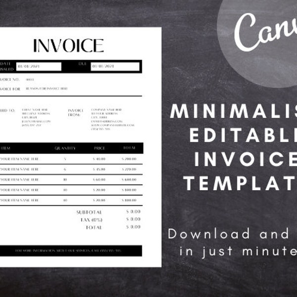 Editable CANVA Invoice Template, Printable, US Letter, Small Business, Modern Minimalist, Editable, Digital Download
