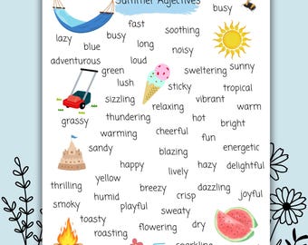 Tabla de adjetivos de verano, Verano, Escritura de cuentos, Ideas para escribir, Diario, Educación en casa, Adjetivos de verano