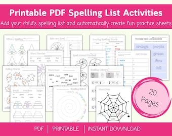 May include: A collection of printable PDF spelling list activities for children. The image features various worksheets with exercises like word searches, tracing, and matching. The title text is in pink, and the image includes the text "20 Pages".