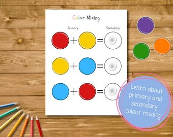 May include: A white educational chart titled "Color Mixing" shows primary colors combining to create secondary colors. The chart is surrounded by colored pencils and a blue circle with the text "Learn about primary and secondary colour mixing".